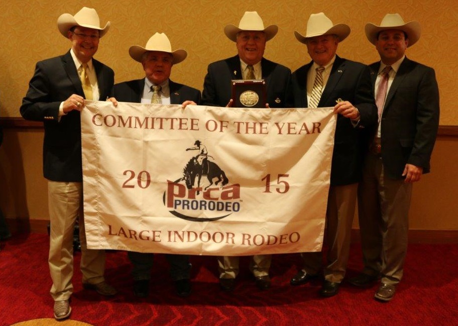 Pictured in the Photo from Left to Right: Executive Committee Vice President Clint Swindall, San Antonio Stock Show & Rodeo’s Executive Director & CEO Keith Martin, Immediate Past President Joe Hutchison ,Chairman of the Board Joe Soules and President Cody Davenport