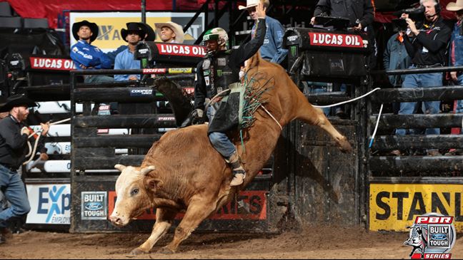 Fabiano Vieira walks away as the event winner after riding Red Moon for 89.25. Photo By: Andy Watson/BullStockMedia.com