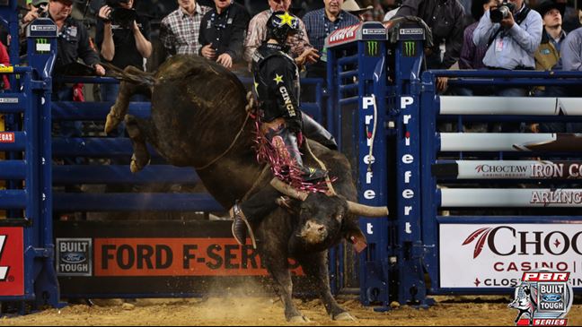Shane Proctor rides DaNutso for 81.5 points and clinches the crown of the Iron Cowboy. Photo By: Andy Watson/BullStockMedia.com