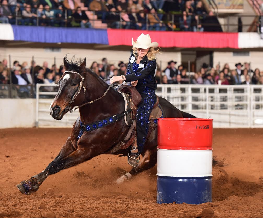 Shelly Anzick of Shepherd, Montana, won the $5,000 Jerry Ann Taylor Best Dressed Cowgirl Award, plus more than $9,000 in barrel racing prize money at the 2016 World’s Original Indoor Rodeo®, Feb. 7, in Fort Worth, Texas. -- Fort Worth Stock Show & Rodeo photo by James Phifer