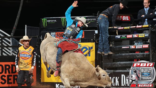 Cody Nance tore his MCL after riding Mr. Bull in Round 1, but still rode Spotted Demon after. Photo: Andy Watson/BullStockMedia.com