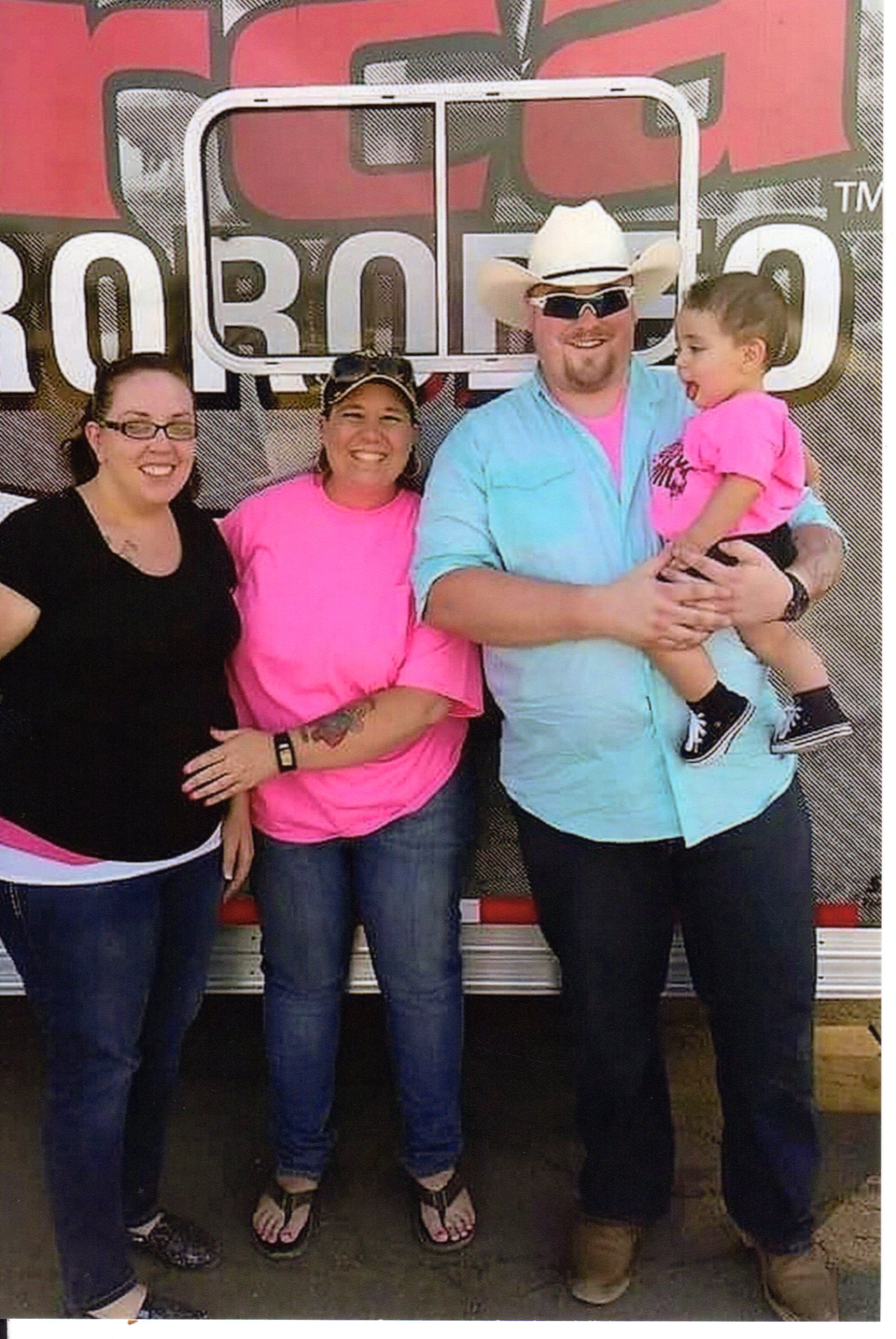 Donna Schilling (center, in pink), poses with her son and daughter-in-law, Zachary and Amanda Siner, and their son Luke, at the 2015 Red Bluff Round-Up. Zachary and Amanda’s daughter, who is seven months old, will make her first trip to the Round-Up this year. Photo courtesy of Donna Schilling.