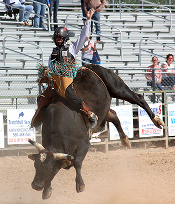 Two-time world champion bull rider Sage Kimzey rides during the 2015 Guymon Pioneer Days Rodeo, which begins next week and will feature more than 800 contestants.