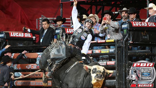 Nevada Newman is one of two Montana bull riders competing in Billings. Photo: Andy Watson/BullStockMedia.com