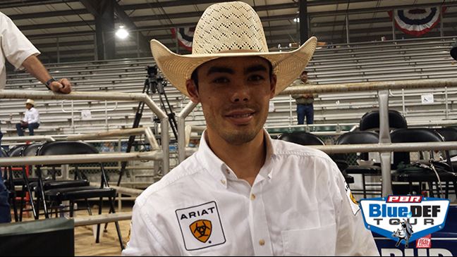 Marco Eguchi is leading the Uvalde, Texas, BlueDEF Tour event. Photo by Justin Felisko / PBR.com