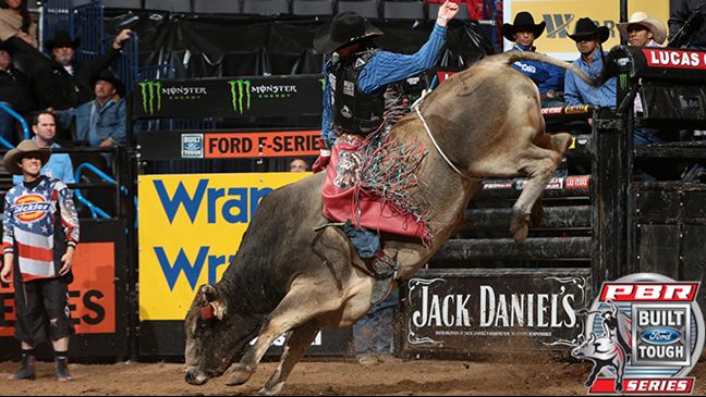 Until Mason Lowe, Bruiser had not been ridden by a right-handed rider on the BFTS. Photo: Andy Watson/BullStockMedia.com