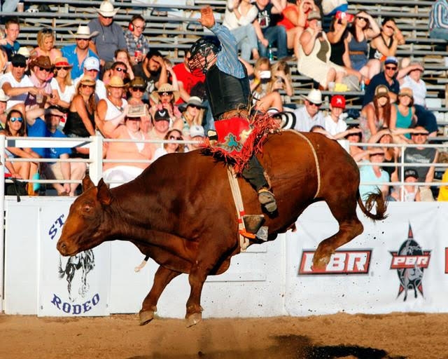 Bull rider Chase Robbins rides at the 2015 St. Paul Rodeo. It takes the efforts of the St. Paul Fire Department and area crews to deal with the situations that arise when 50,000 people hit the town for the Fourth of July festivities. Photo by Hoot Creek.
