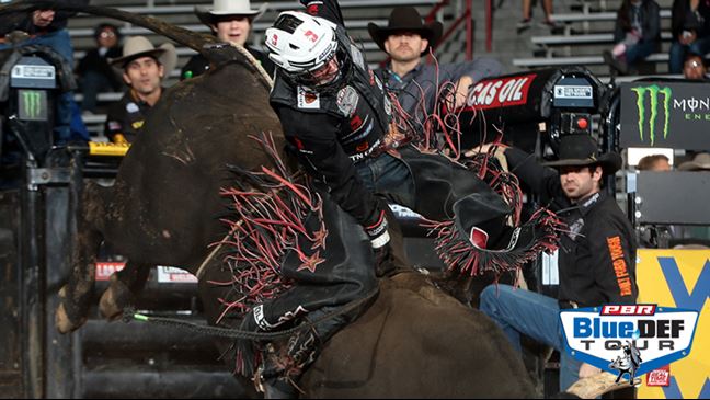 Cooper Davis rides Crossfire for 91.5 points in Albuquerque, New Mexico. Photo by Andy Watson / BullStockMedia.com.