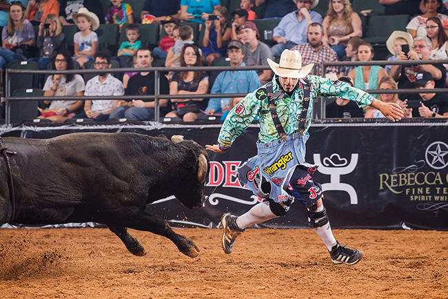 Dusty Tuckness battles a bull during a recent Bullfighters Only event in Cedar Park, Texas. Tuckness will be one of the bullfighters featured in Dodge City Roundup’s A Whole Lotta Bull on Tuesday, Aug. 2. (TODD BREWER PHOTO)