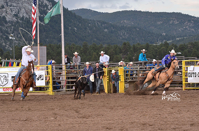 Cody Snow, right, turns the steer for his partner, Dugan Kelly, during their 4.5-second run Friday night at Rooftop Rodeo. They took the team roping lead. (GREG WESTFALL PHOTO)