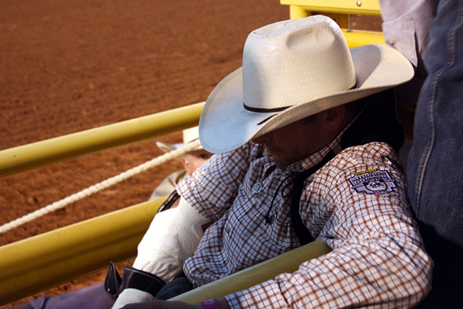 Two-time Wrangler National Finals Rodeo qualifier Brian Bain gets ready to ride his Pete Carr Pro Rodeo horse during bareback riding at a recent Lea County Fair and Rodeo. Having Carr as the stock contractor has been an attractive feature for Lovington’s rodeo.