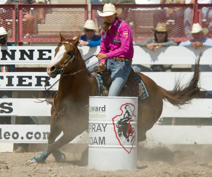 Sherry Cervi took the lead in the overall barrel racing standings here with this 17.42-second run. -- CFD photo by Dan Hubbell.