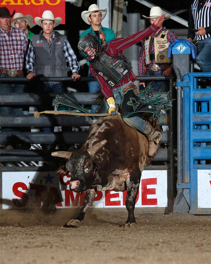 Garrett Tribble scored 85 points on Summit Pro Rodeo’s Smokin’ Dragon to win the Cody/Yellowstone Xtreme Bulls. Cody Stampede Photo by Andy Watson