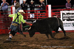 Ross Johnson battles his bull for 86 points on Friday night to win the Bullfighters Only stop in Burlington, Colo. (BRIAN GAUCK PHOTO)