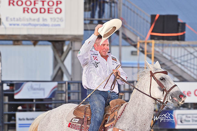 Steer wrestler K.C. Jones of Decatur, Texas, took the early lead in steer wrestling on the opening night of the 90th edition of Rooftop Rodeo. (GREG WESTFALL PHOTO)