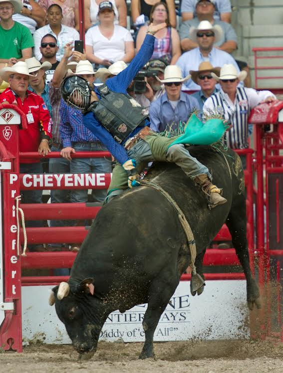 Roscoe Jarboe from New Plymouth, Idaho became the first bull rider to be successful on two head at the 120th annual Cheyenne Frontier Days Rodeo. -- CFD photo by Dan Hubbell.