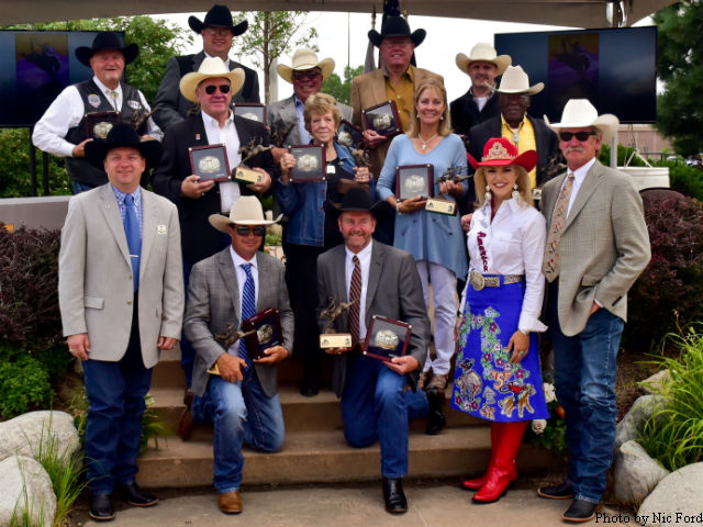 The 2016 induction class for the ProRodeo Hall of Fame poses together after completion of the emotional Aug. 6 ceremony in Colorado Springs, Colo. The inductees in the back row (left to right) are Steven Money for the Spanish Fork (Utah) Fiesta Days Rodeo, Bennett Gooch for the Redding (Calif.) Rodeo, Jerold Camarillo, Arnold Felts, Toby Tooke for saddle bronc horse and sire Gray Wolf. In the middle row are Jay Linderman for Bud Linderman, Dorothy Linderman for renowned steer wrestling horse Scottie, Kay Gardenhire for Phil Gardenhire, Myrtis Dightman Sr., and in the front row are Kent Sturman, director of the ProRodeo Hall of Fame and Museum of the American Cowboy, JJ Quintana for John Quintana, Dave Appleton, Miss Rodeo America Katherine Merck, and PRCA Commissioner Karl Stressman.