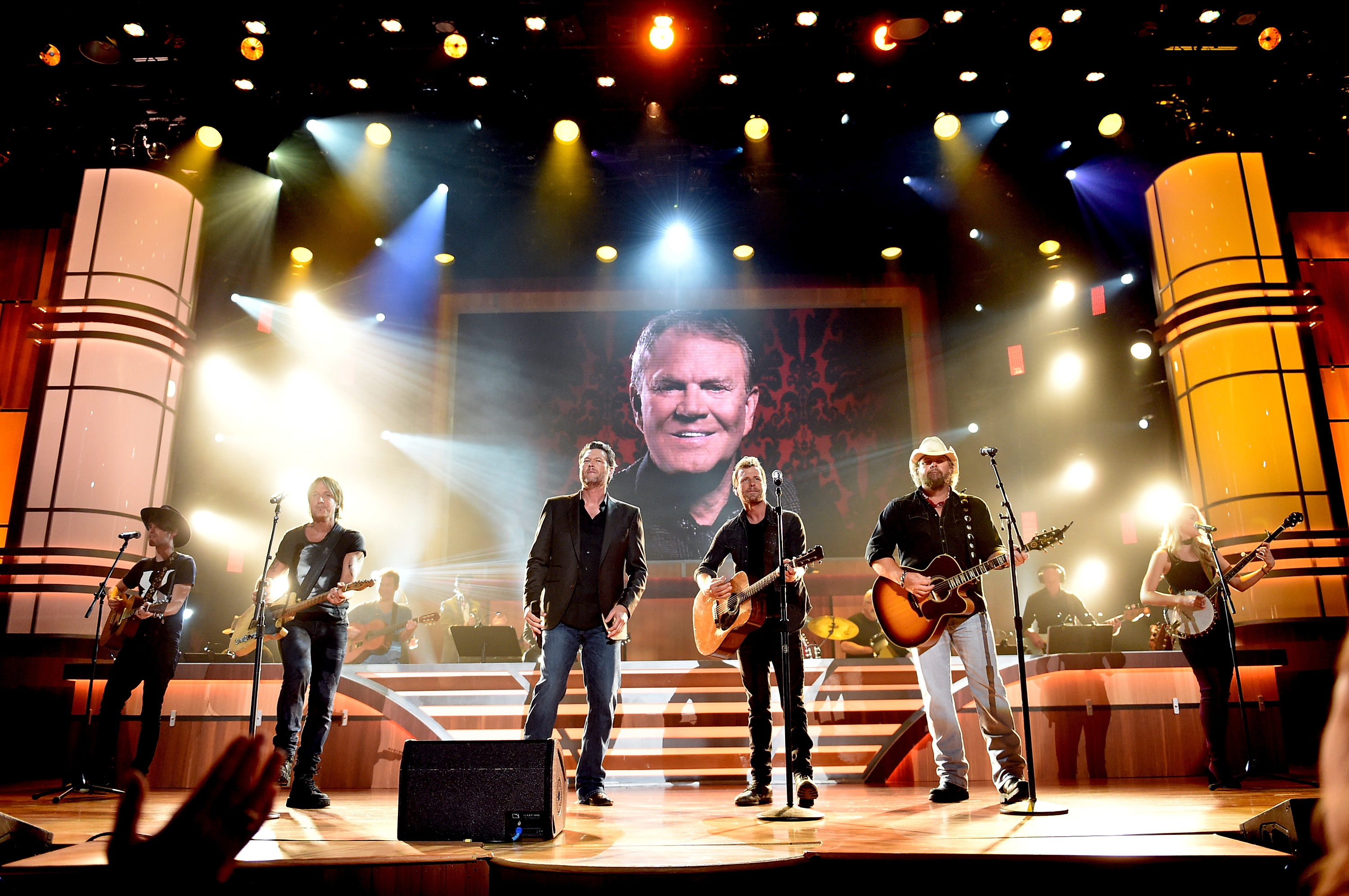 Photo L-R: Shannon Campbell, Keith Urban, Blake Shelton, Dierks Bentley and Toby Keith performing at the 10th Annual ACM Honors in tribute to Glen Campbell. Photo Credit: John Shearer/Getty Images for ACM/ Courtesy of the Academy of Country Music); Photo Credit: Getty Images/John Shearer/Courtesy of the Academy of Country Music); Additional Images Available on GettyImages.com