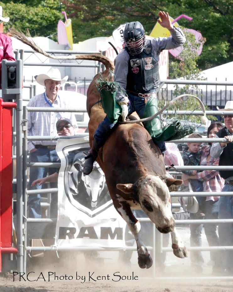 Jeff Askey was the lone bull rider to be successful on three rides at this year’s Justin Boots Playoffs at the Washington State Fair Rodeo. He was also the big money winner pocketing $7,970. PRCA photo by Kent Soule