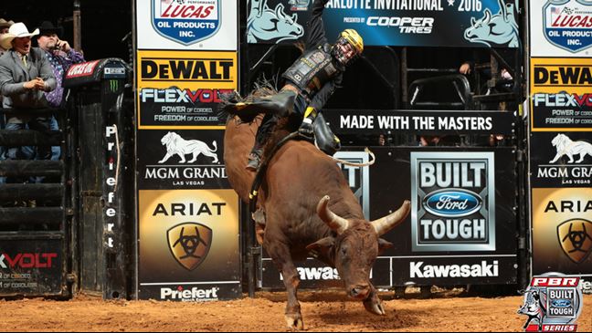J.B. Mauney broke a rib after being stepped on by Who Dey in Charlotte and will not compete in Colorado Springs. Photos: Andy Watson / BullStockMedia.com
