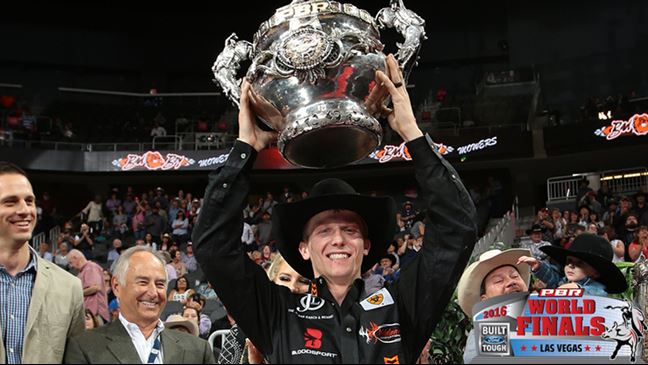 Cooper Davis became the 16th different World Champion in the history of the PBR Sunday. Photo: Andy Watson / BullStockMedia.com