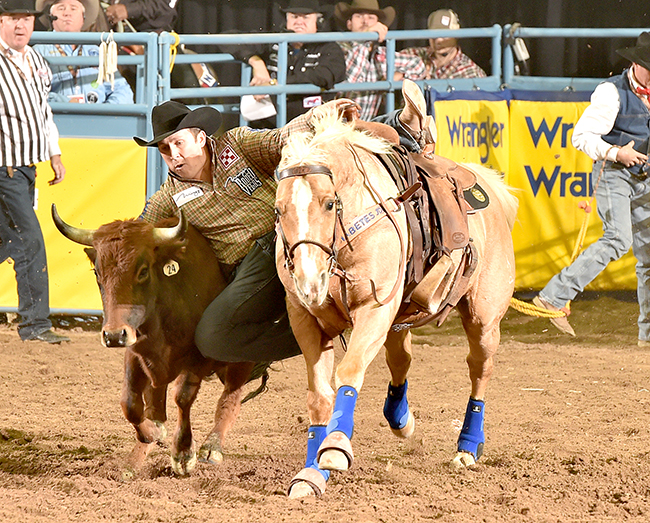 Riley Duvall threw his steer down in 3.6 seconds to win Friday’s ninth round. He has placed in just three rounds but has earned nearly $60,000 in Las Vegas. (PRCA PHOTO BY DAN HUBBELL)