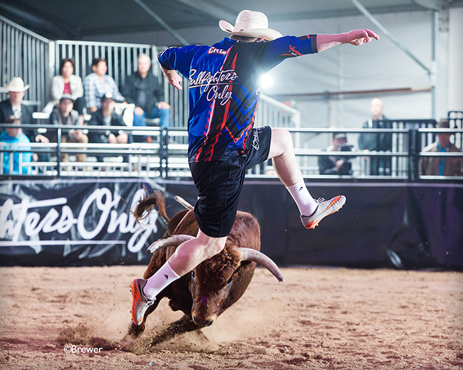 Zach Call of Mullen, Neb., jumps his bull during the Wildcard Round of the Bullfighters Only Las Vegas Championship on Friday at the Hard Rock Hotel & Casino. Call won the round and advanced to Saturday’s short round. (TODD BREWER PHOTO)