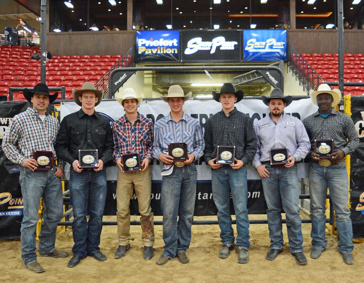 Winners of the 2016 PRCA Permit Member Challenge of the Year are (left to right) Jesse Brown, Baker City, Ore., steer wrestling; Wyatt Bloom, Bend, Ore., bareback riding; Aaron Williams, Norco, Calif., bull riding; Clay Stremler, Fallon, Nev., saddle bronc riding; Jordan Tye, Canby, Ore., and Ty Arnold, Midway, Texas, team roping; and John Douch, Okeechobee, Fla., tie-down roping.