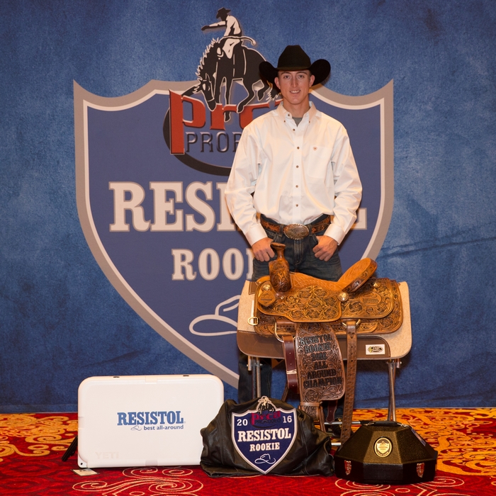 Taylor Santos, All Around Resistol Rookie of the Year, pictured with all of his awards. Photo Courtesy of Resistol